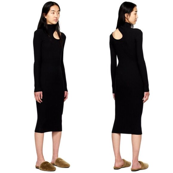 ANINE BING Size XS NWT Victoria Black Ribbed Midi Cutout Sweater Dress Cut Out - Picture 4 of 14